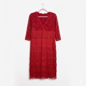 Red Lace & Sequin Fringe Flapper Dress - V-Neck 3/4 Sleeve Midi 2XL